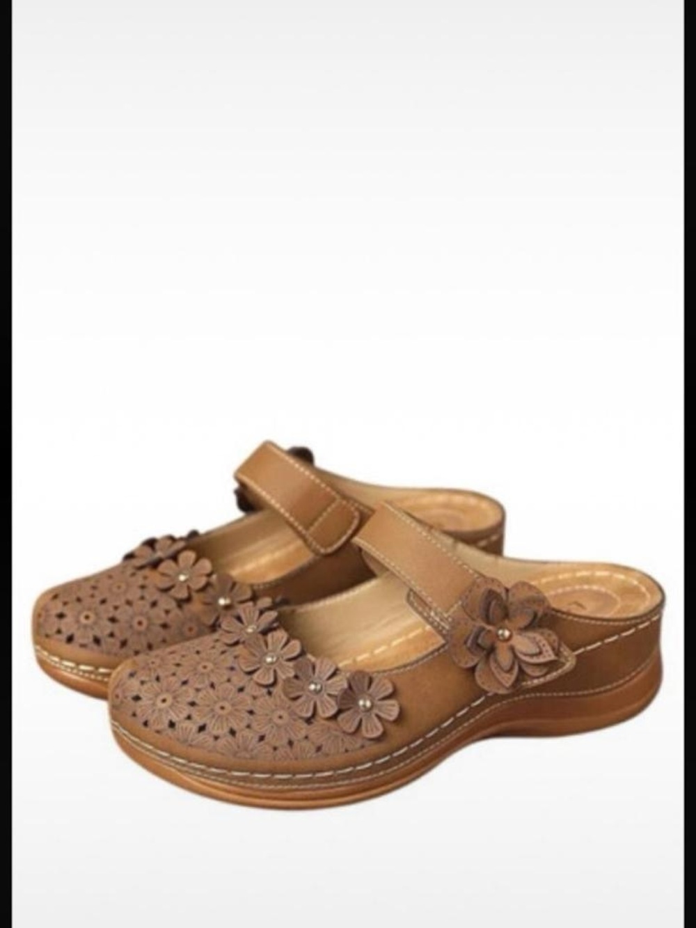 Comfort Floral Leather Clog Mules in Brown